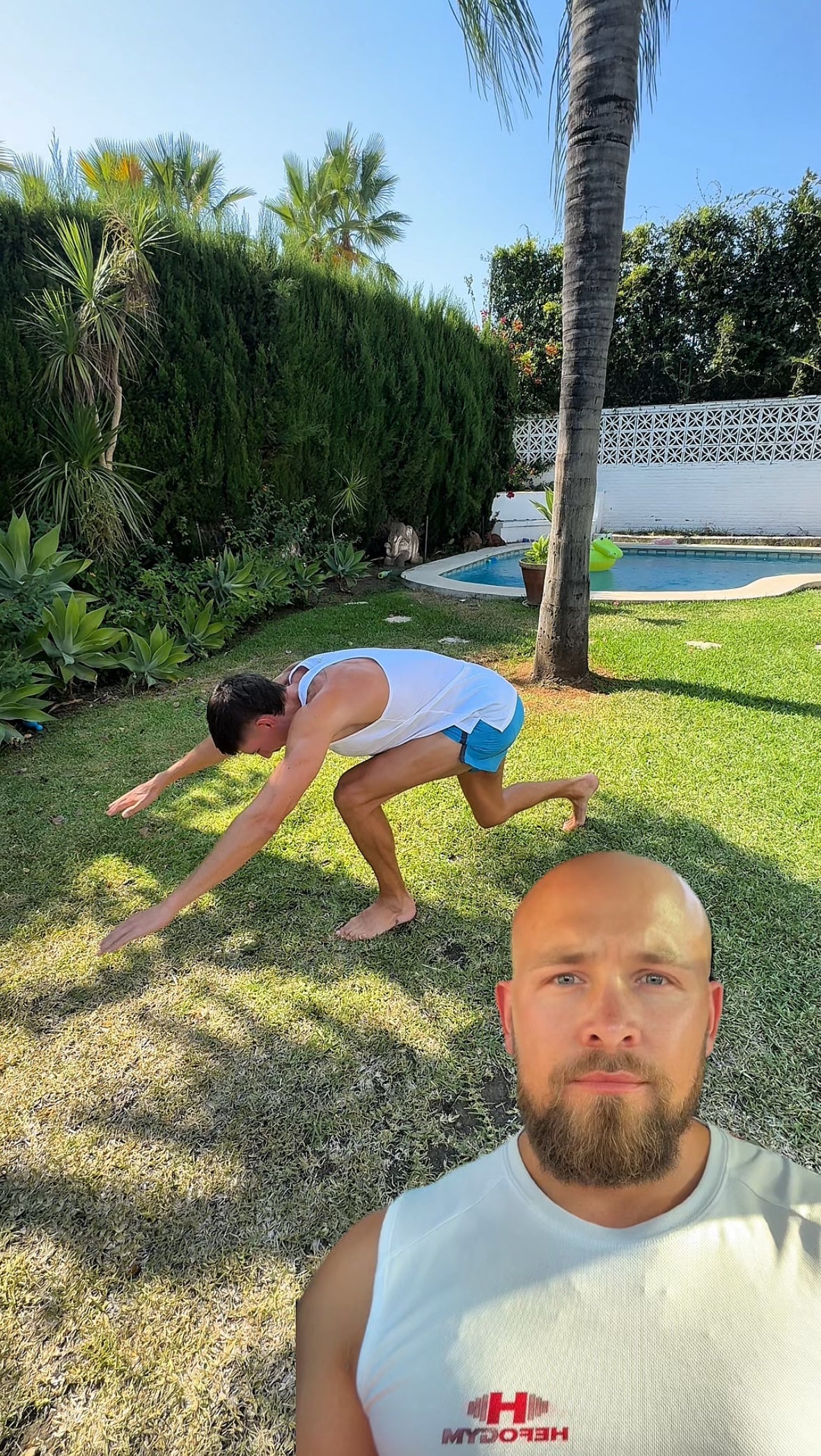 “Mobility coach helping his client with patellar Tendonitis rehabilitation.”