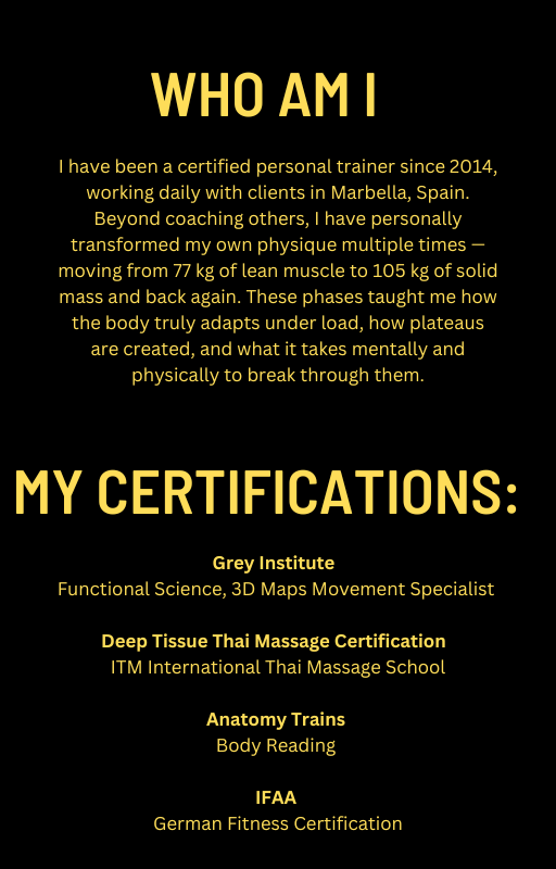 "I have been certified personal trainer since 2014, working daily with clients in Marbella."