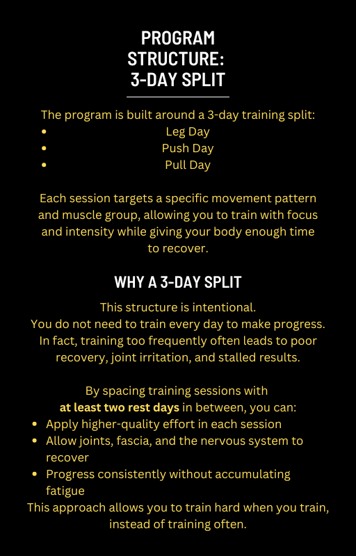 "This training program is build around a 3-day training split - leg day, push day, pull day."